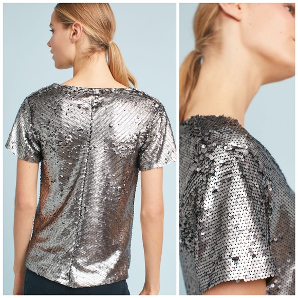 NWT, Anthropologie, Silver Sequined V-neck Top - Picture 3 of 4